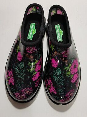 Ground Work Womens Garden Clogs Black Floral Waterproof Shoes Size 9